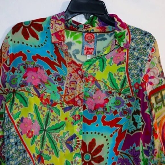 Johnny Was Boho Multi Colored Floral patchwork Print Button Down Shirt - Picture 2 of 14